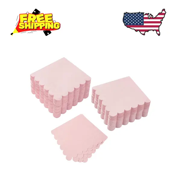 100 Pack Cocktail Napkin 2-Ply Scalloped Edged Dessert Napkins Folded 5 x 5 Inches Pink