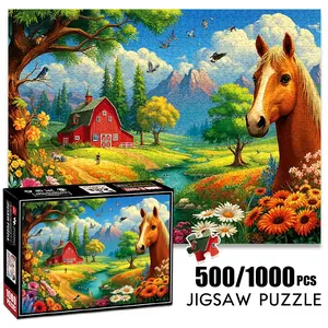 1pc 1000 piece adult puzzle 70x50cm Horse, Red Barn, Scenic Farmland with Flowers and Birds 500 pieces paper jigsaw puzzle suitable for DIY creative games for adults and families, birthday and hol