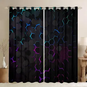 Honeycomb Blackout Curtains Geometric Hexagon Print Window Treatments Colorful Neon Lights Window Drapes for Kids Boys Room Decor Grommet Top 2 Panel Set,Curtains