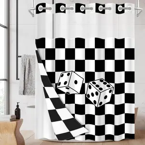 1PC 2D Flat Personalized Black White Checkerboard Dice Shower Curtain, Retro American Checkerboard Design, Waterproof Detachable Liner Bathroom Curtain (No Hooks)