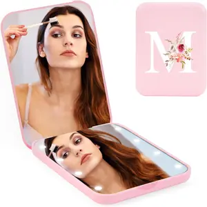 Personalized Initial Compact Mirror with Light, Preppy Gifts LED Pocket Mirrors,1X/3X Magnifying Travel Mirror, Mini Folding Small Mirror for Purse, Portable Makeup Mirrors for Girls/ Mom/Mother/Teen BUGARORE