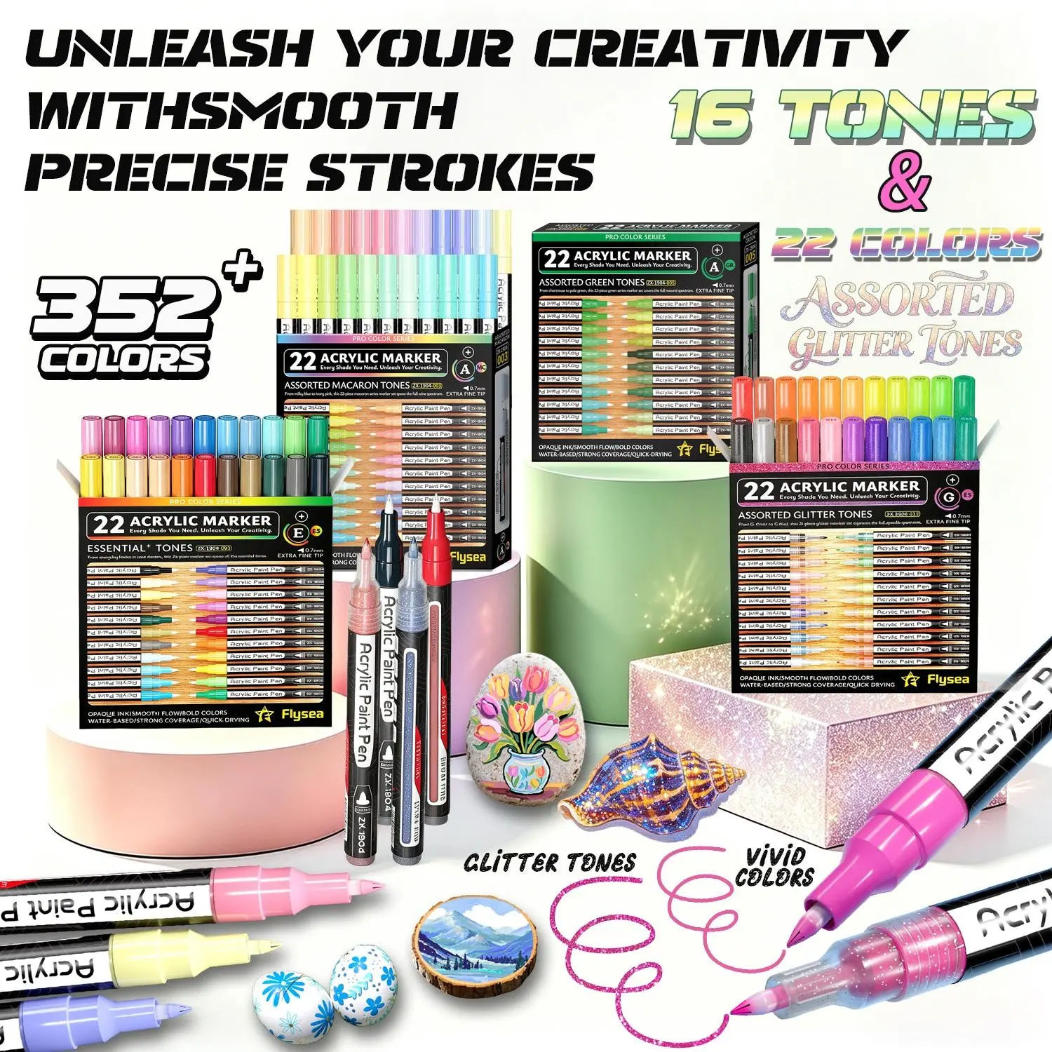 Flysea 22pcs Acrylic Paint Marker Set, Gradient Colors, 0.7mm Fine Tip, Ideal for Detailed Drawing, Quick Dry, Stain Resistant, Artist Supplies, Art Materials