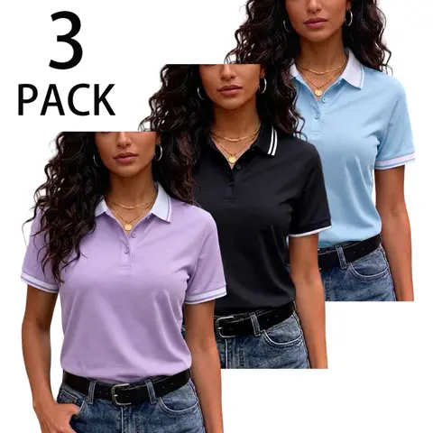 3-pack women’s polo shirts, short sleeves, color-block design, button placket, slim fit, casual tops, lightweight, breathable, suitable for the gym and outdoor walks