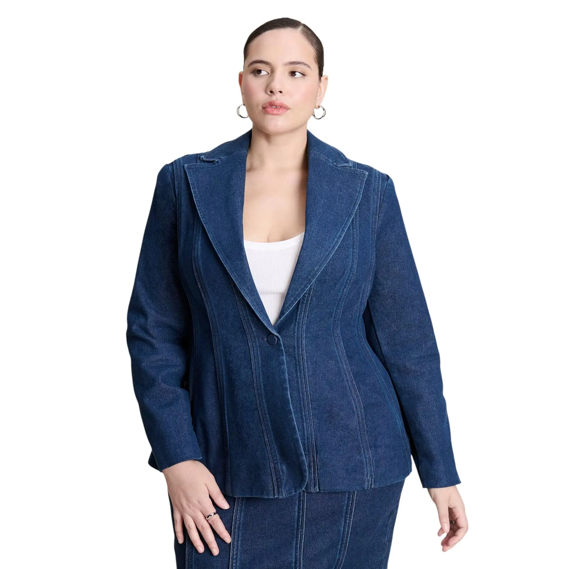 ELOQUII Women's Plus Size Seamed Denim Peplum Blazer