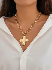 Vintage Gold Hammered Cross Design Necklace for Women - Chunky OT Buckle Chain Necklace, Textured  Plated Statement Pendant, Retro Aesthetic Jewelry Gift for He