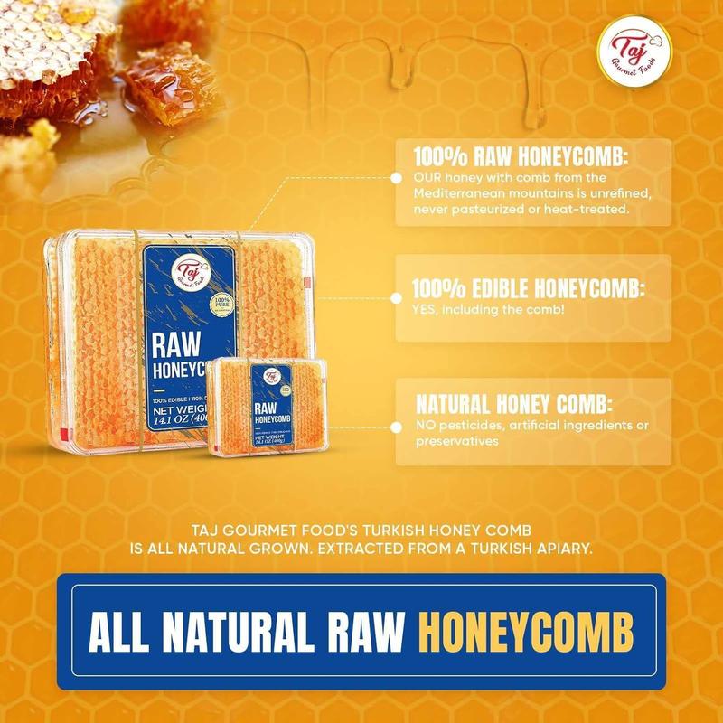 Taj Gourmet All Natural Raw Honeycomb Honey Pure Turkish Raw Honey Comb -All Natural Edible Honey Combs Raw Edible - Perfect For Healthy Smoothies Honey With Honeycomb, 200g (7.05oz)