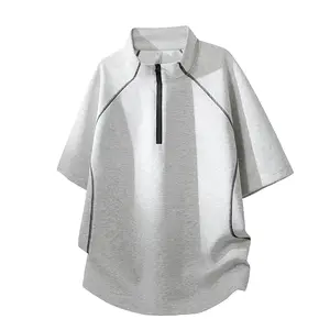 New summer American-style spliced line design, half-zip stand collar short sleeves; men’s polo T-shirt; casual trendy slightly loose summer streetwear brand; versatile for everyday wear and outdoor sports; a great gift for a boyfriend.