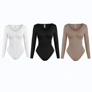 [Shape of Her] V-Neck Shapewear Bodysuit - Women's Long Sleeve Bodysuit, Ribbed, Soft, Minimalist Design, Lightweight Breathable Casual Comfortable Holiday Airport Everydau All-day Shapewear Womenswear Basic