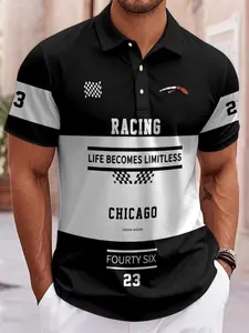 Men's Chicago Racing Print Short Sleeve Polo Shirt, Casual Daily Wear, Lightweight Breathable Polyester Fabric, All Seasons