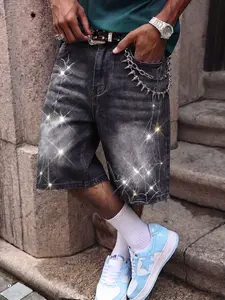 2026 Hottest Trending Fashion Men's Loose Fit Denim Shorts with Rhinestone Spider & Web Design, Vintage Black Wash & Sparkle Details - Perfect for Dark Grunge & Y2K Streetwear Fits, Menswear
