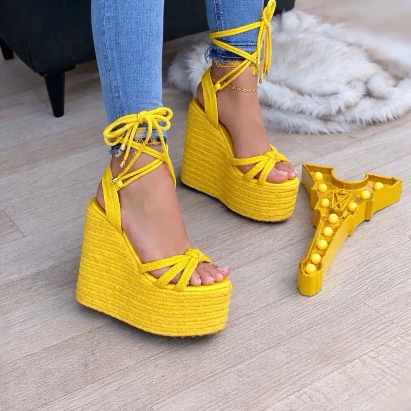 VICTORIA / Women's Girl's Jute Platform Wedge Sandals, 12 cm Heel Walking Shoes
