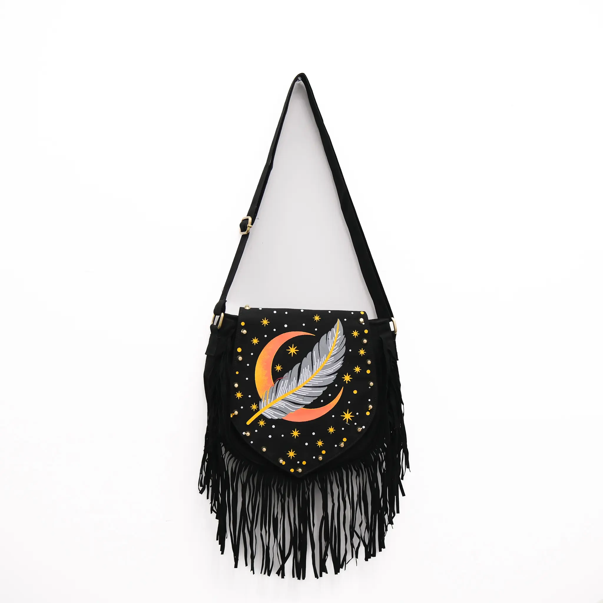 Celestial Feather & Moon Fringe Bag , Boho Cotton Crossbody Multi Pocket Festival Bag, Bohemian Hippie Bag, Witchy Whimsy Bag