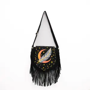 Celestial Feather & Moon Fringe Bag , Boho Cotton Crossbody Multi Pocket Festival Bag, Bohemian Hippie Bag, Witchy Whimsy Bag