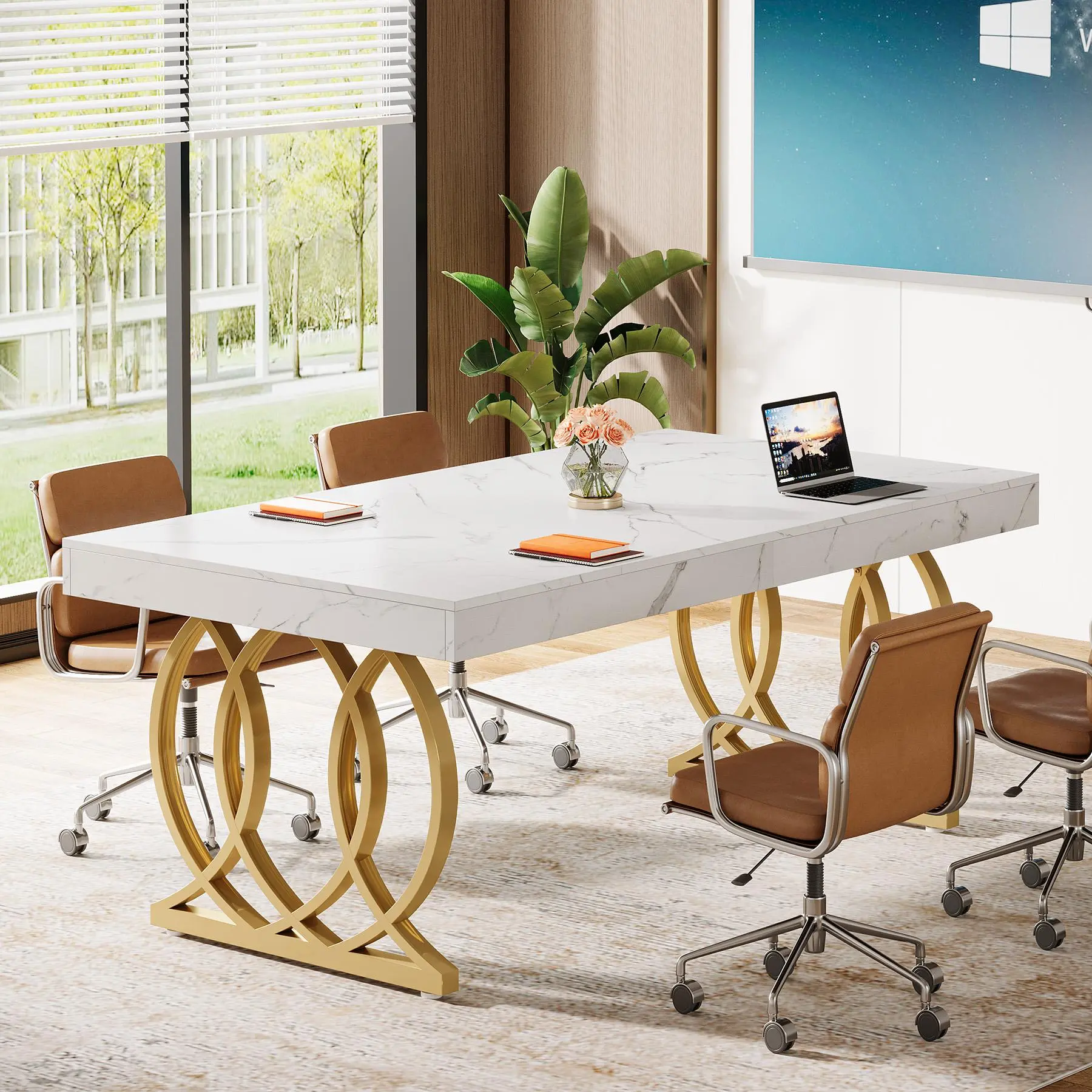 TRIBEWOOD 5 ft Rectangular Modern Sturdy Conference Table (63" L x 31.5" W) - Faux Marble Top, MDF & Metal Base, Easy Setup, Assembly Required, Commercial Office Furniture, 4-6 Seats, Ample Space, Business Meetings, Contemporary Home Decor