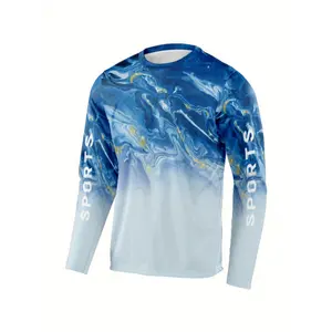 Men's Geometric Print Sun Protection Shirt, Active Long Sleeve Crew Neck Rash Guard For Fishing Hiking Outdoor