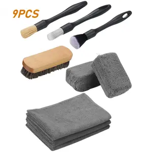 9 Pcs Car Interior Detailing Set,Microfiber Cloth & Applicator,Single-Head Detailing Brushes,Natural Bristles,Scratch-Free & Ultra-Soft for Seats Leather Care or Garden Cleaning,Tools & Hardware