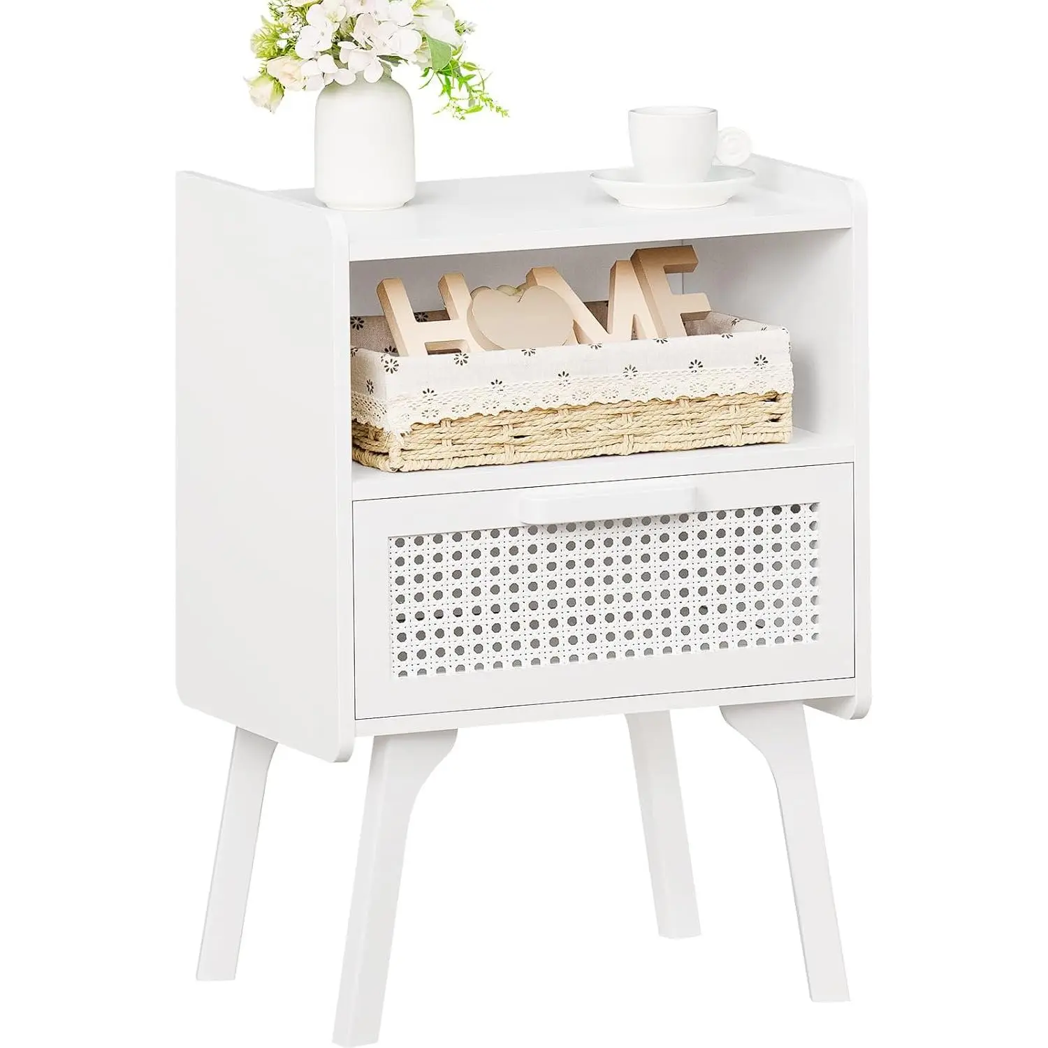 White Mid-Century Modern Rattan Nightstand with Drawer, Open Shelf, Cane Weave Accent - 15.94in(L)x11.81in(D)x22.87in(H), Beech Wood Indoor Side Table with Airflow Mesh, Screws for Faster Installation - Assembly Required, Ideal for Bedroom, Small Spaces,,