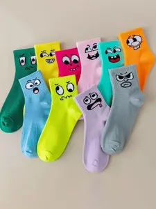 10 Pairs Women's Socks, Cartoon Funny Smile Mid-Calf, Candy Colors, Fashionable Plain Socks, Comfortable Soft, Casual Outdoor Wear