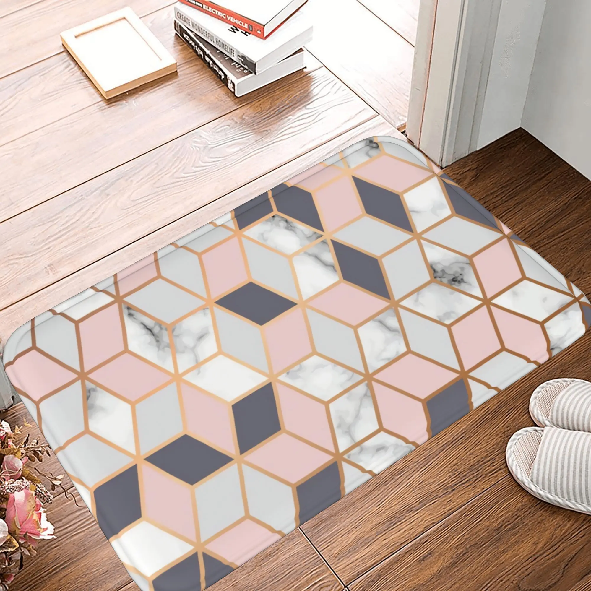 Marble & Rose Gold Geometric Doormat   Modern Cube Pattern Entryway Rug   Stylish, Non Slip & Easy Care IndoorOutdoor Mat