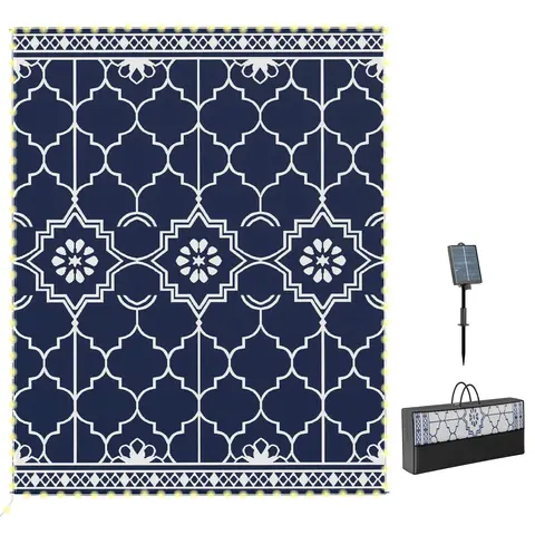 Outsunny Reversible Waterproof PP Decorative Rug with LED Light, 37.5 ft Light String, Stake, Carry-bag Portable, Outdoor Garden Mat - Defines Cozy Zones for Patio, Camping Use