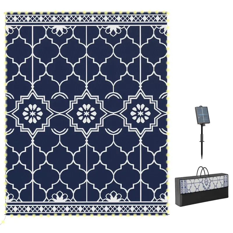Outsunny Reversible Waterproof PP Decorative Rug with LED Light, 37.5 ft Light String, Stake, Carry-bag Portable, Outdoor Garden Mat - Defines Cozy Zones for Patio, Camping Use