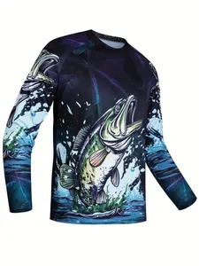 Men's Fishing Long Sleeve Shirt, Gradient, Largemouth Bass Print, Crew Neck, Polyester, Breathable, Ideal for Fishing & Outdoor