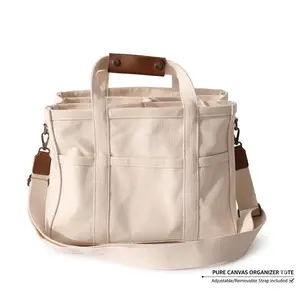 Pure Canvas Organizer Tote Bag - Minimalist Mom Diaper Bag with Pockets | Multi-functional Travel Tote 2026 & Daily Use | Adjustable Removable Strap Included large capacity zipper bag