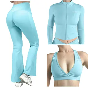 Jemxfit Women's Light Blue Solid Zip Up Pocket Sports Jacket with Wireless Sports Bra & Flared Leggings Set for Pilates Yoga Comfortable Breathable Stretchy Tummy Control
