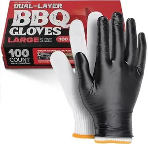 StackYourGlove BBQ Grilling Gloves Kit - 100 Nitrile Disposable Gloves & 4 Cotton Liners, Waterproof & Heat-Resistant for Smoking & Cooking, XL Size
