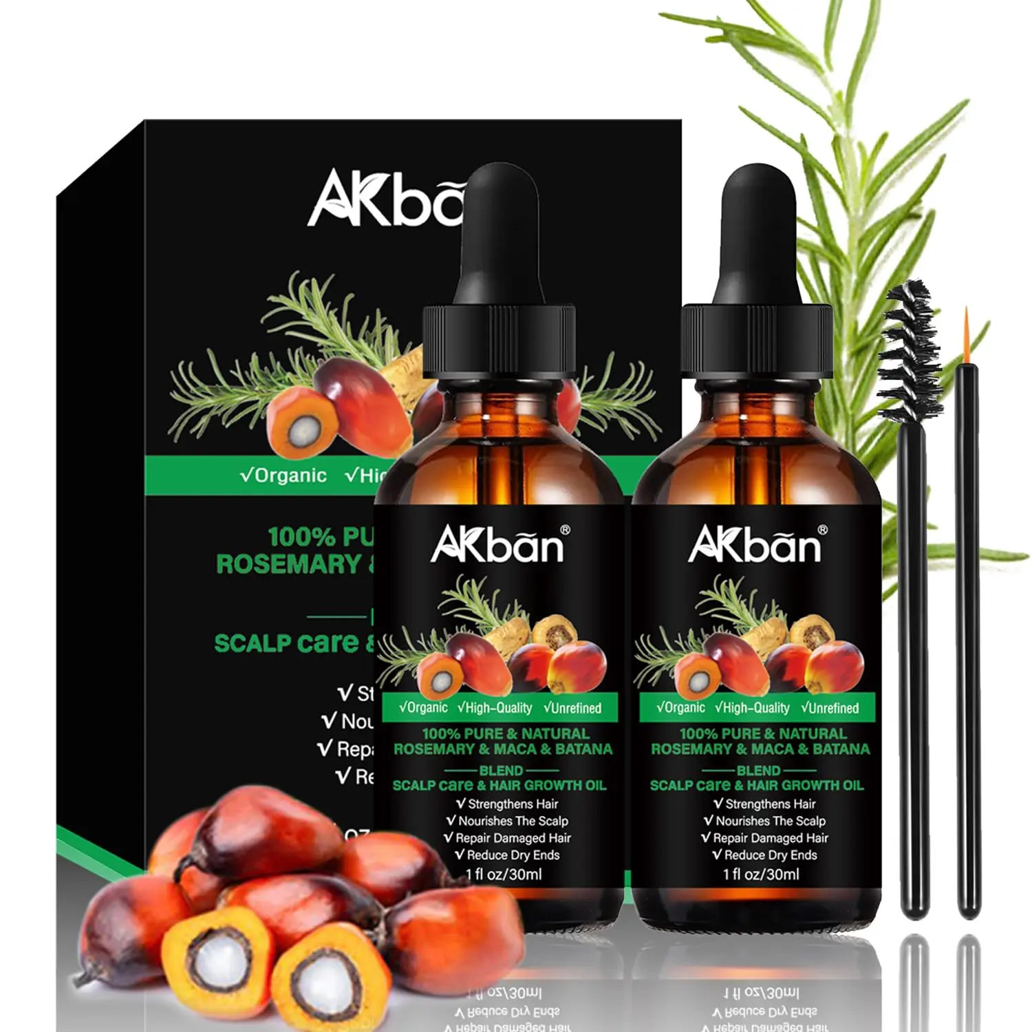 AKban Batana Hair Growth Oil - 2-Pack, Infused with Rosemary, Maca, Argan, Jojoba, Organically Nourishes Scalp & Hair, Eco-Friendly Glass Bottles, 100% Pure, Potent Blend