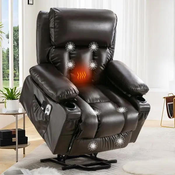 Power Lift Recliner Chair for Elderly with Massage & Heat,PU Leather,Electric Recliner with USB Ports,Cup Holders,Side Pockets,Lift Chair for Living Room,Bedroom,Brown