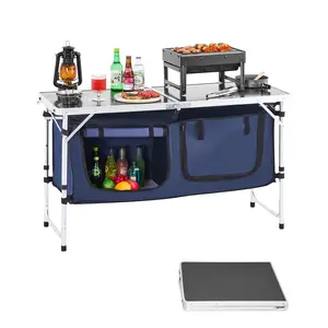 fathersdaygift VEVOR Camping Kitchen Table, Folding Outdoor Cooking Table, 3 Adjustable Height, Aluminum Lightweight Portable Cook Station with Storage Organizer, Carry Handle, for BBQ Party Picnic RV Travel, Blue