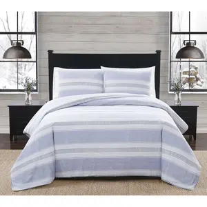 London Fog Blue Stripe Twin XL 2 Piece FlannelComforter Set