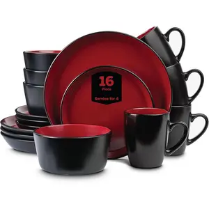 Stoneware 16 Piece Modern Dinnerware Set, Kitchen Plates and Bowls Sets, Service for 4, Red and Black, Microwave & Dishwasher Safe