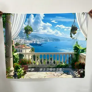 Seaside Town Landscape Pattern Backdrop, 1 Count Photography Background, Indoor Backdrops, Wall Decoration, Birthday Party Decoration, Curtains, Tablecloths, Banners, Party Decoration Supplies