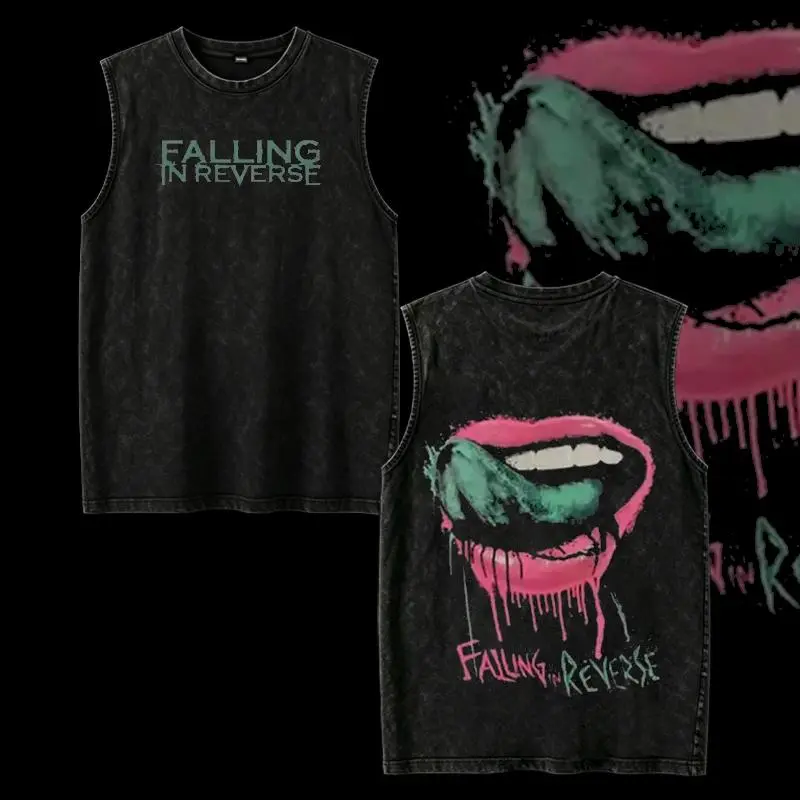 Retro Falling in Reverse Lips band t shirts Washed Tee, vintage clothing Rock Band, Oversize Streetwear Heavy Cotton Top, Unisex Alternative Metal Concert grunge clothes