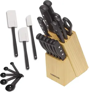 Farberware 22-Piece Never Needs Sharpening Triple Rivet High-Carbon Stainless Steel Knife Block and Kitchen Tool Set, Black, Durable ANDPrecision Cutlery Wood Chopping Handles Steak