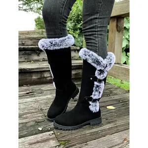 Women's Faux Fur Lined Mid-Calf Snow Boots, Textile Material, Round Toe, Thick Sole, Casual Style, Warm Winter Shoes for Cold Weather, Winter Booties