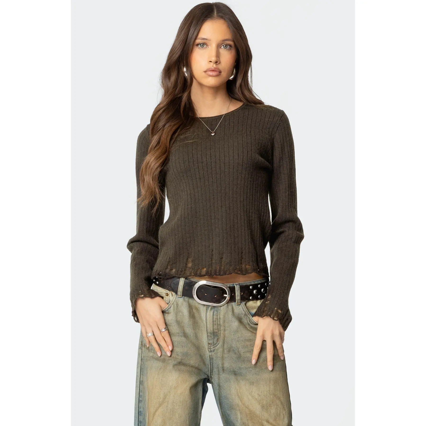 Distressed Ribbed Knit Sweater Distressed Ribbed Knit Sweater
