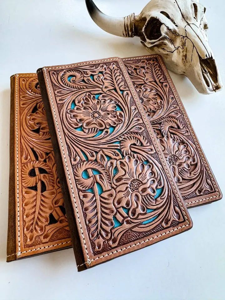 Genuine Tooled Leather Bi-Fold Wallet | Tooling Western Man'S Men Men'S Women Long Wallet Checkbook | Gift Idea