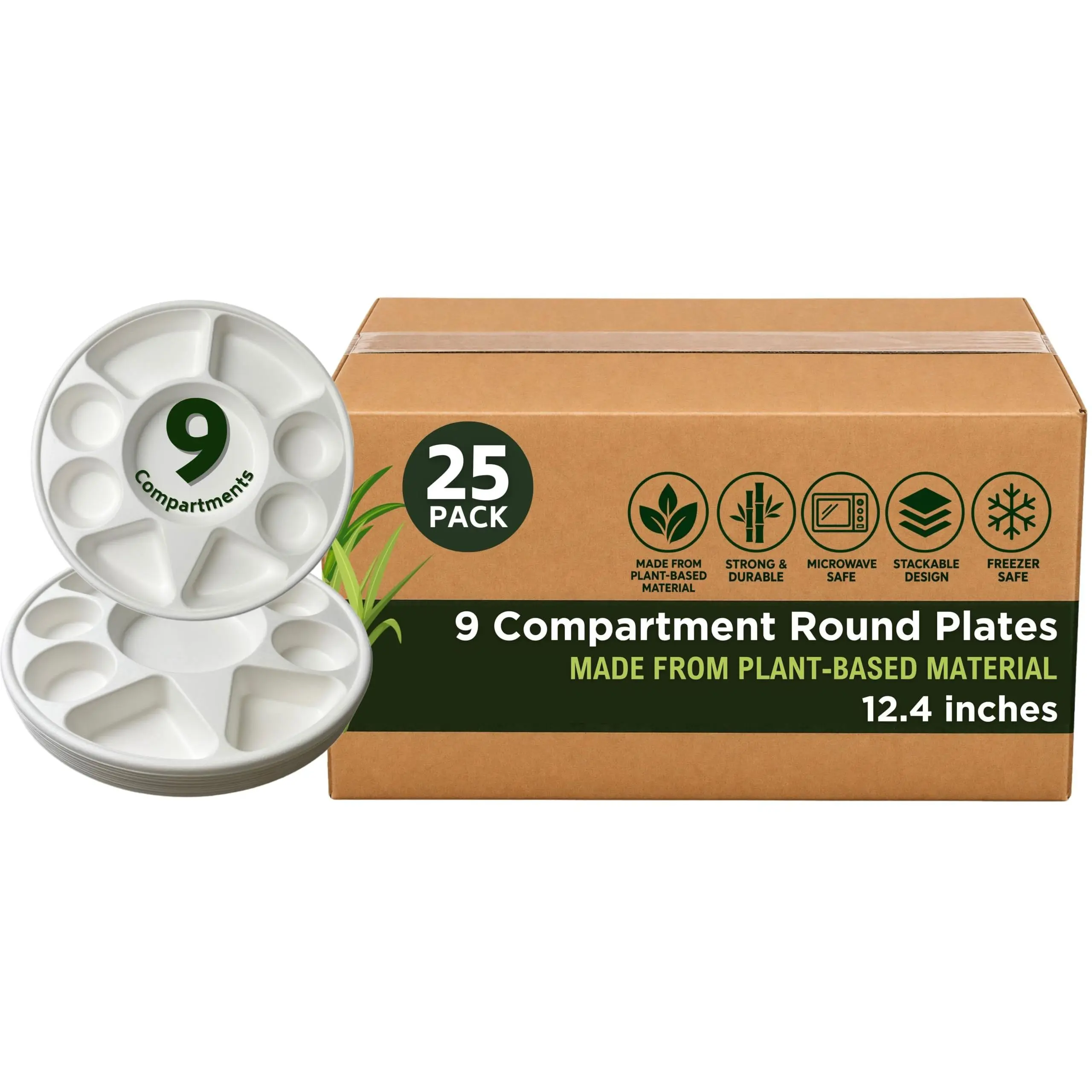 Rani 9 Compartment Round Biodegradable Divided Plates, Pack of 25 ~ Party, Thali, Buffet | Disposable & Eco-Friendly | Heavy-Duty Sturdy Paper Bagasse | Premium Quality | 12.44" Diameter 1.38" Height
