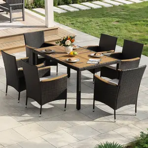 7-Piece Acacia Wood Wicker Patio Dining Set with Cushions 7-Piece Acacia Wood Wicker Patio Dining Set with Cushions