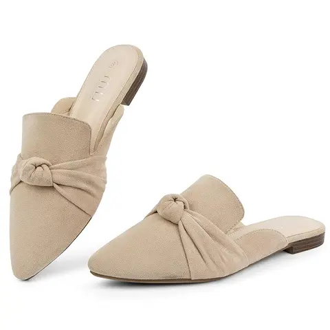 MUSSHOE Women's Cuban Bow-Knot Soft Leather Mules - Pointed-Toe Backless Low-Heel Slip-On Ankle Footwear with Memory Foam, Elegant Comfortable Office Work Business Casual Shoes for Clog Enthusiasts