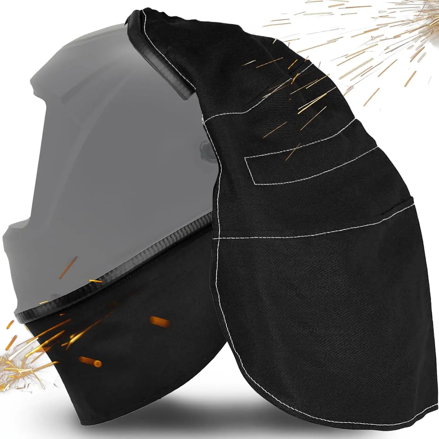 Welder's Extended Fit Helmet Cover with Hood Bib, Heatproof Protective Cover, Press-Fit Seal, Glare-Free Design, Compatible with Most Work Safety Helmets