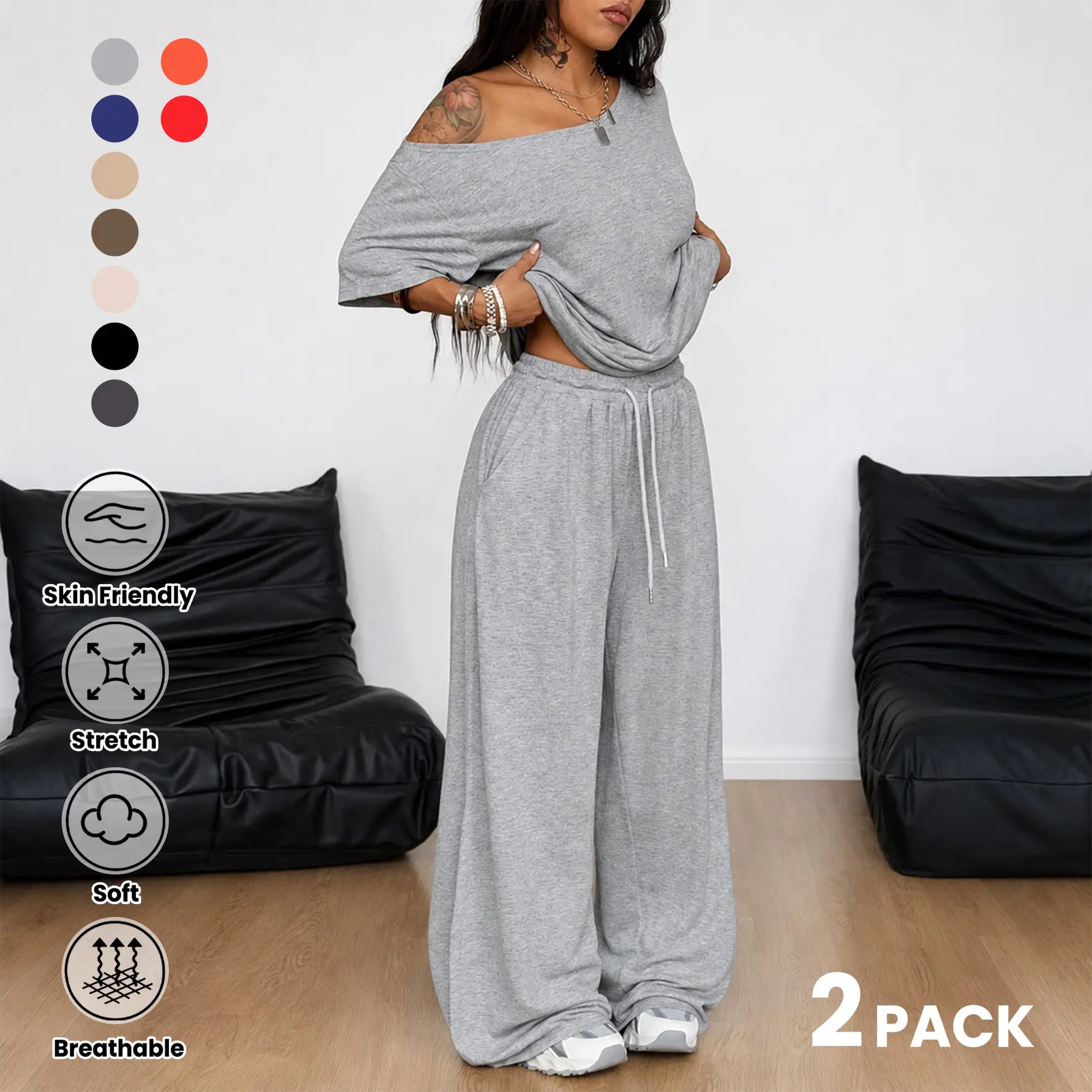 2 Pcs/Set Women's Minimalist Basic Daily Wear, Going Out, Sport Comfortable Off Shoulder T-Shirt and Wide Leg Pants Two Pieces Outfits, Womenswear,summeroutfits,vacationoutfits,bathingsuitwomenset,beachoutfits
