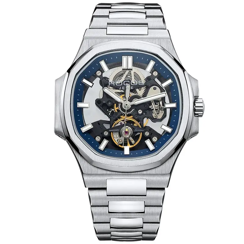 ROCOS Men’s Automatic Mechanical Wrist Watch, Polished Brushed Octagonal Case, Entire Hollow Open Skeleton Dial with Golden Gear Movement, Solid Integrated Stainless Steel Link Band,  Splash Resistant Minimal Luxury Watch for Office,  Men’s Gift
