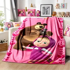 3D Masha And Bear Blanket, Cute Cartoon Print Single-sided Flannel Blanket, Soft Plush Throw for Adults and Kids, Bedroom Nursery Decor, All Season Warm Cover, Holiday Gift Home Essential