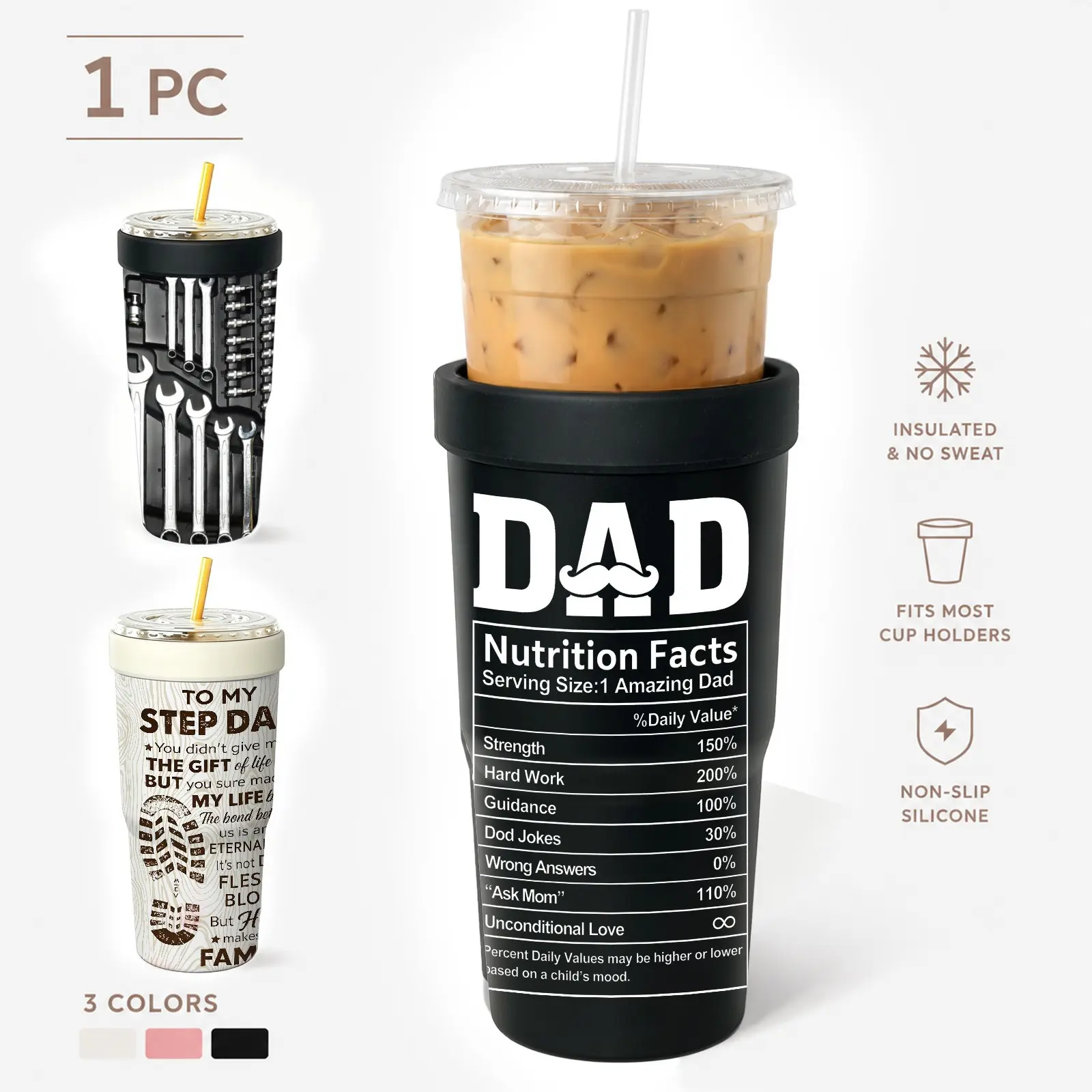 1 Pc 32oz Dad Nutrition Facts Print 2-in-1 Insulated Can Cooler, Includes Tumbler Lid, Converts into a 32oz Travel Tumbler, Double Wall Vacuum Stainless Steel, Fits Most 16-24oz To-Go Coffee & Bubble Tea Cups, Perfect Father's Day, Christmas & Daily Use