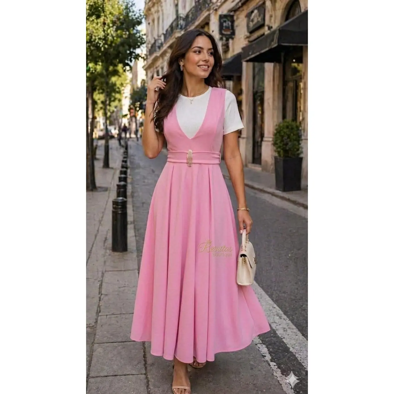 Elegant Pinafore-Style Overall with Decorative Belt and Pleated Skirt