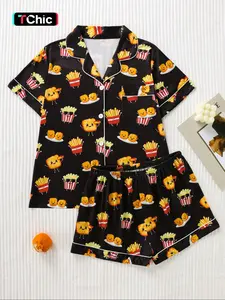 Women's Cartoon Food Full-Print Pyjama Set, Premium Smooth Fabric, Skin-Friendly Comfort, Loose Fit Short Sleeve Top and Shorts, Casual Style, Pajamas, Nightwear